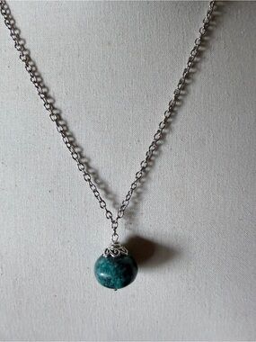 Teal Stone Pendant Necklace with Silver-Tone Chain